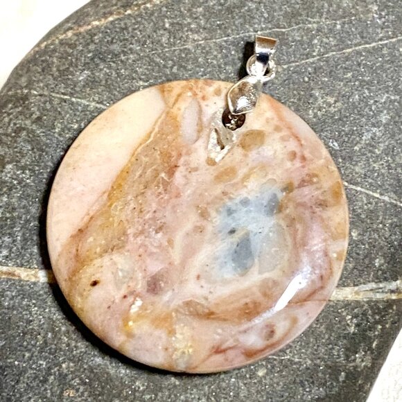 Natural Peachy Agate Pendant, Large Genuine Gemstone Round Coin Pendant - Picture 5 of 12